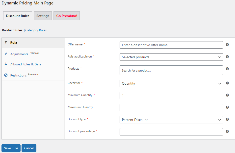Panel para crear un descuento de ELEX WooCommerce Dynamic Pricing and Discounts