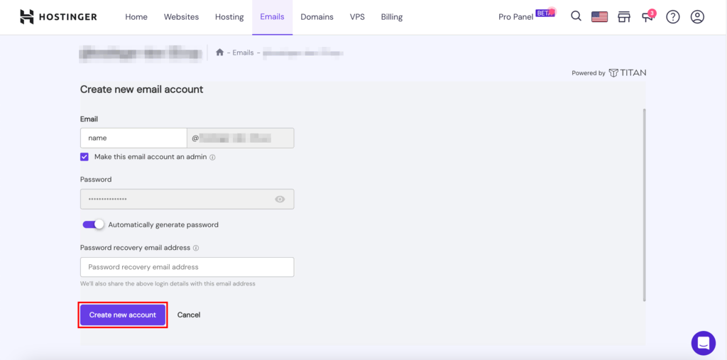 Creación de una cuenta del correo de Titan en Hostinger con los pasos de dirección del correo y contraseña