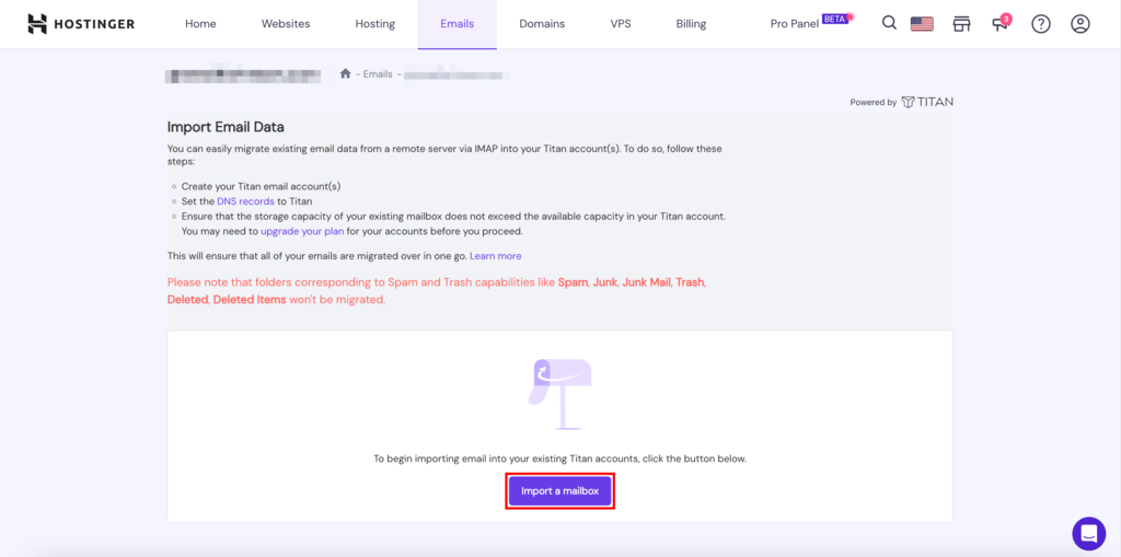 Advertencia sobre spam en la migración de otra cuenta de email a Hostinger