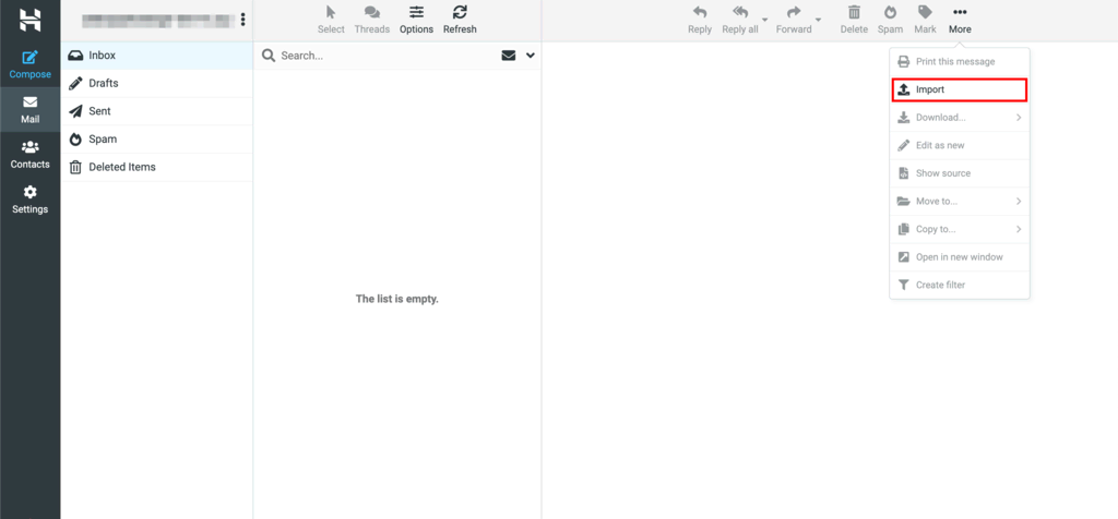 Botón de importar en el correo de Hostinger