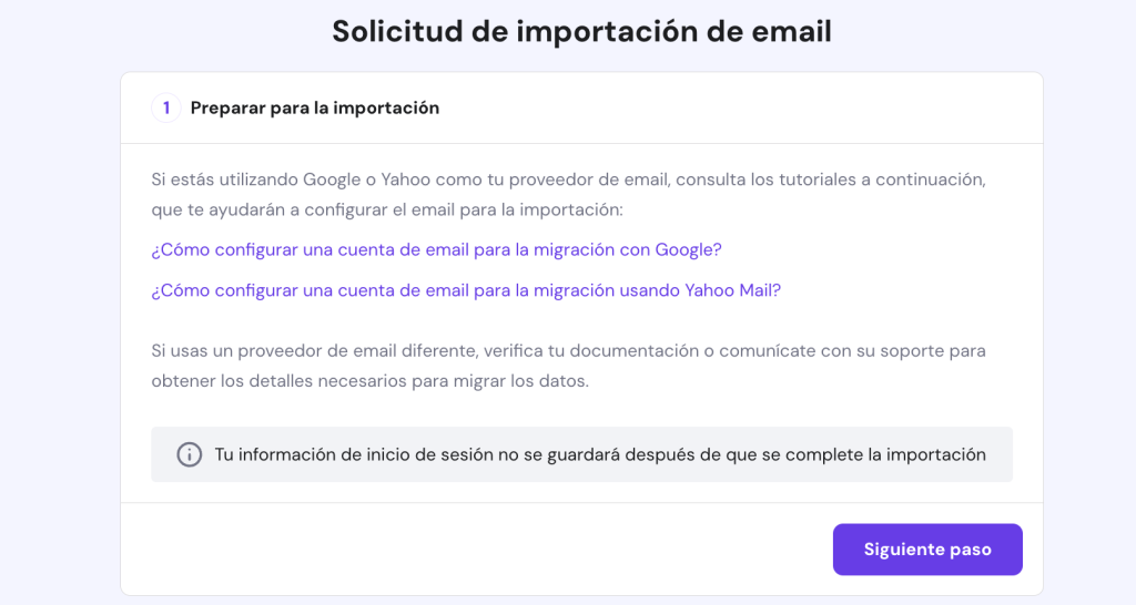 Pasos de ayuda para la solicitud de importación del email en Hostinger