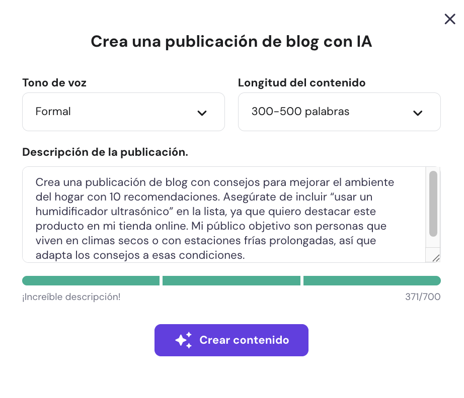 Generador de contenido con IA de Hostinger