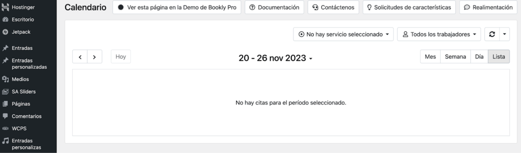 Sección de Bookly en WordPress