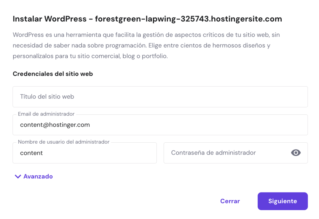 Credenciales de instalación de WordPress