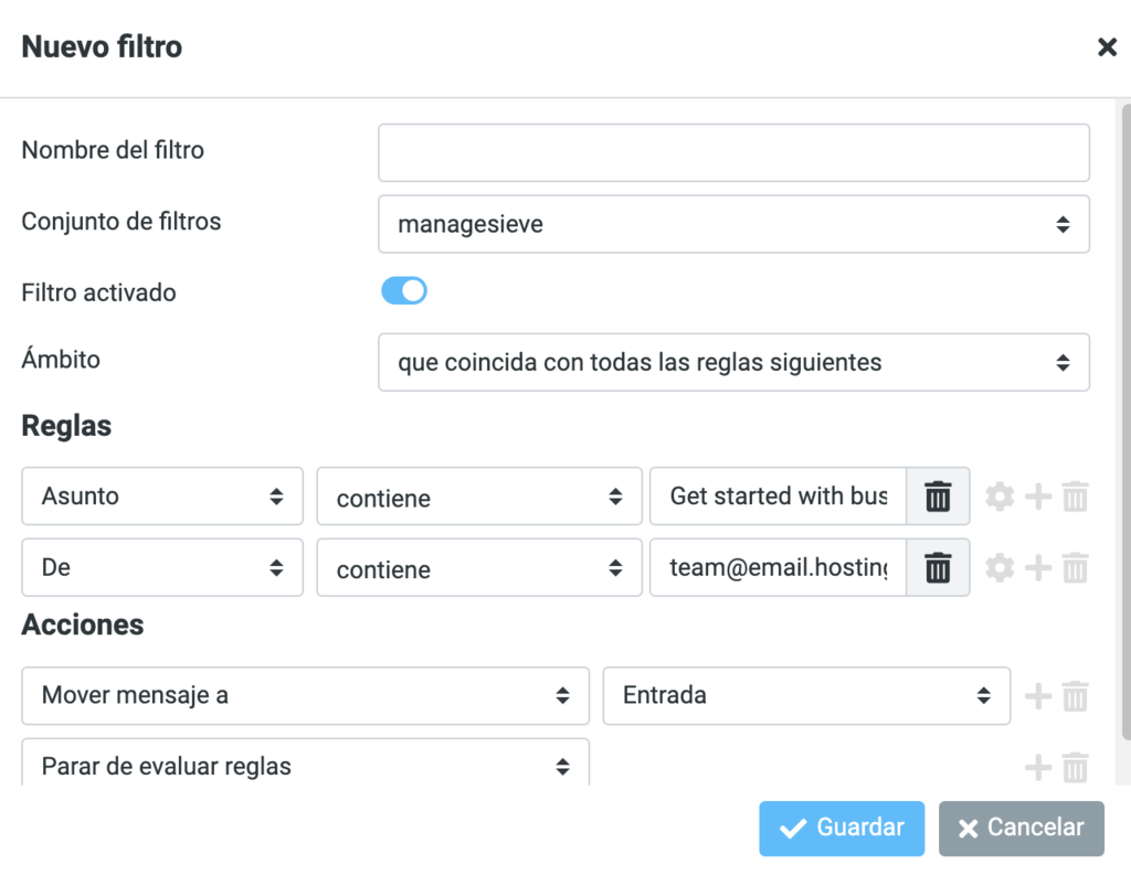 Ajustes del nuevo filtro del correo de Hostinger