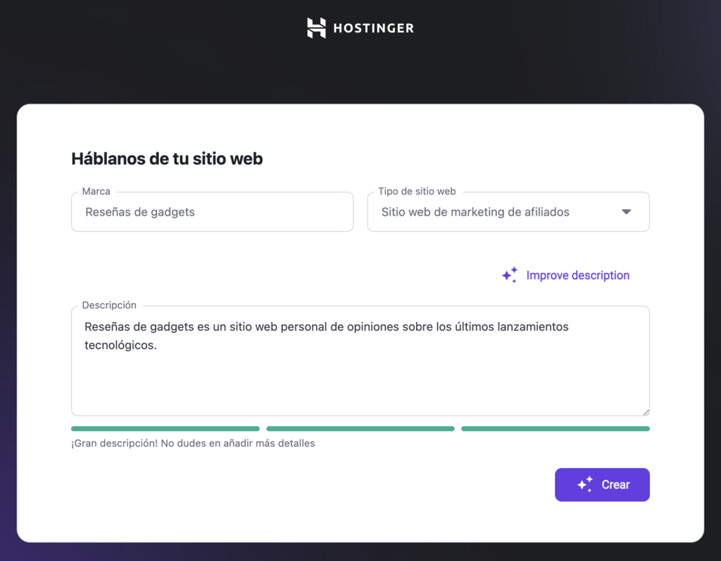 Asistente con IA de Hostinger para crear web de WordPress