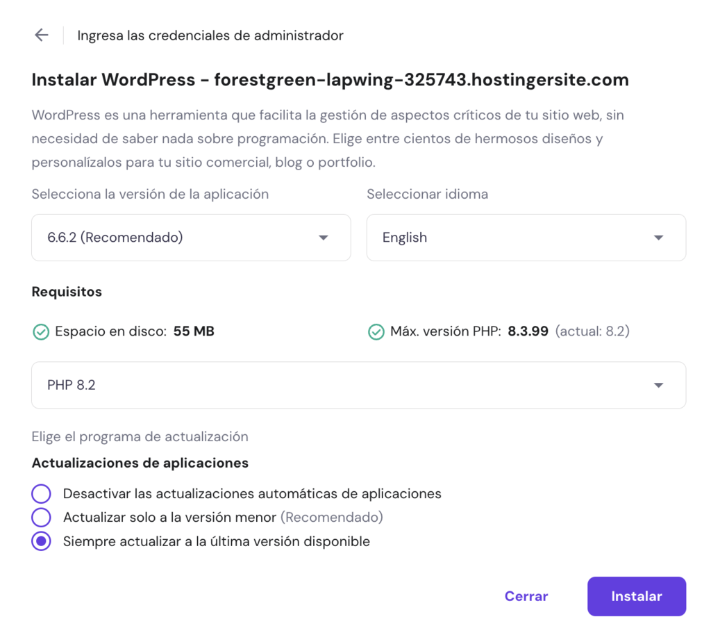 Ajustes de instalación de WordPress