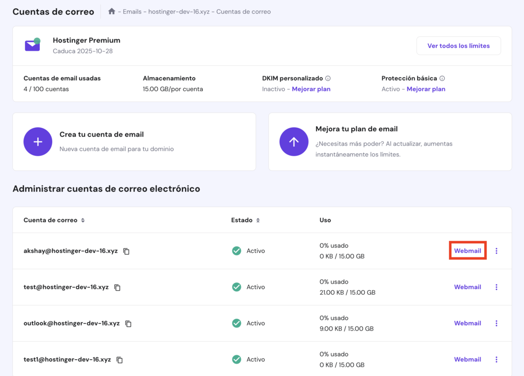 Sección de Administrar cuentas de correo electrónico en hPanel