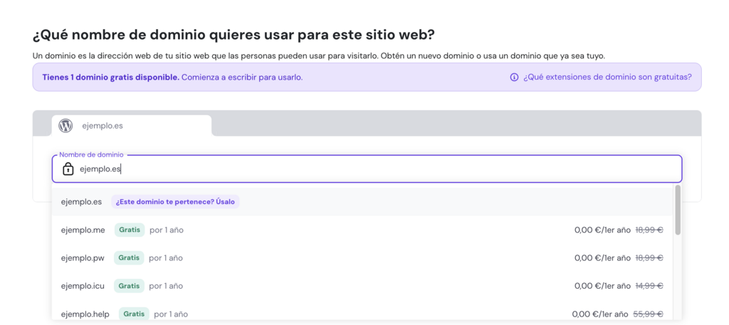 Sección para elegir dominio web en Hostinger