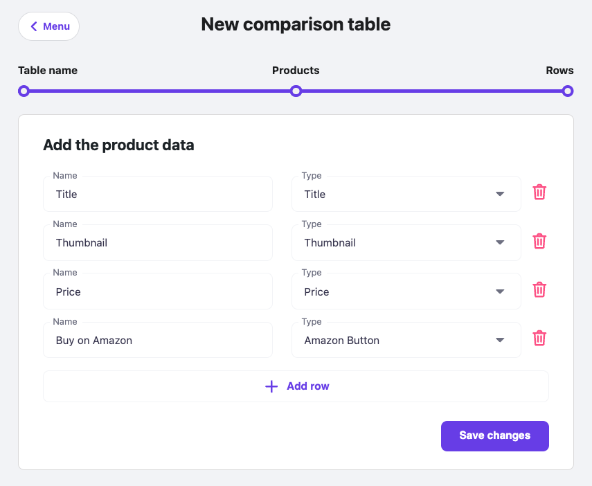 Configuración de los datos del producto al crear una tabla comparativa utilizando el plugin Hostinger Amazon Affiliate Connector.