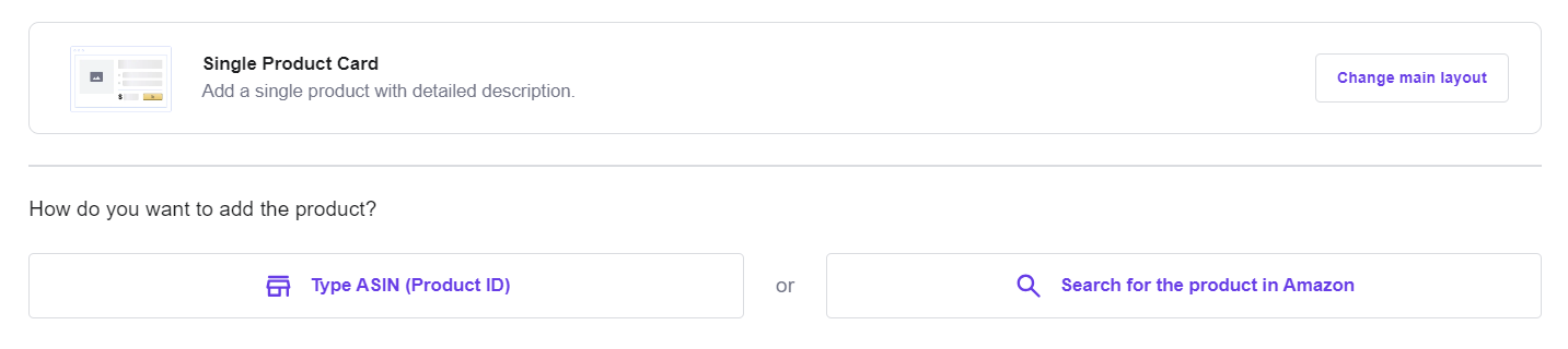 La opción de visualización de un solo producto en el carrito del plugin Hostinger Amazon Affiliate Connector. Las opciones de diseño de visualización de productos en el plugin Hostinger Amazon Affiliate Connector.