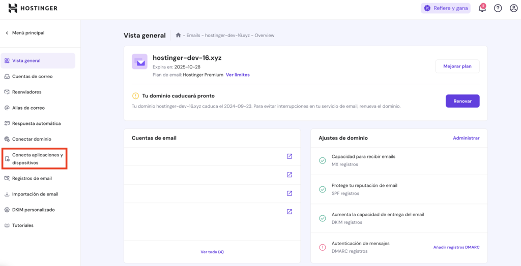 Vista general de dominios en hPanel