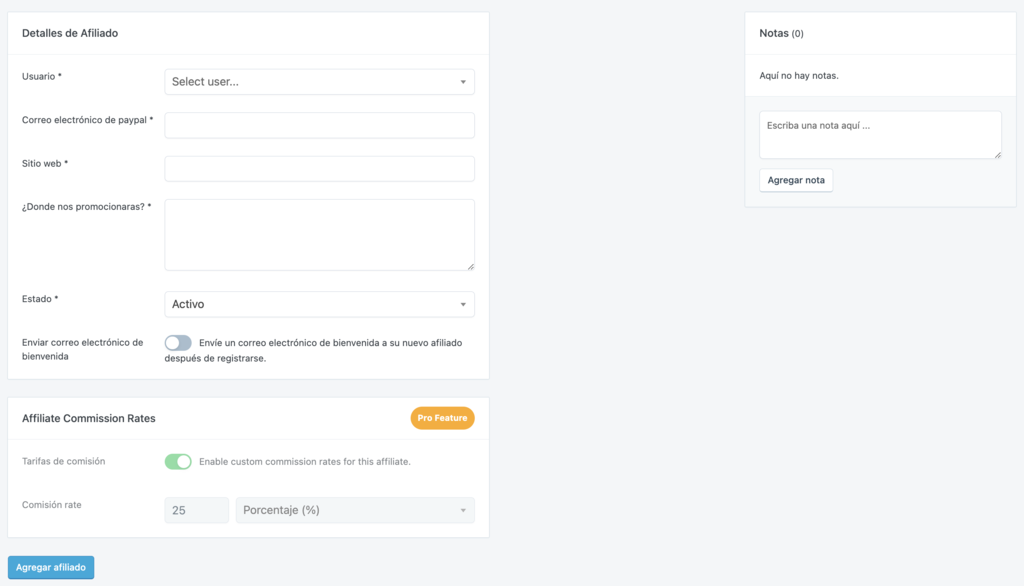 Sección para añadir afiliados en SliceWP