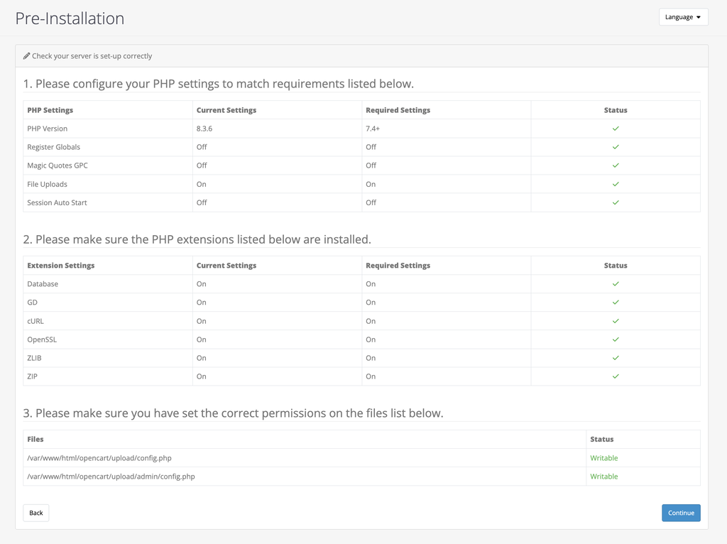 Asistente de instalación de OpenCart