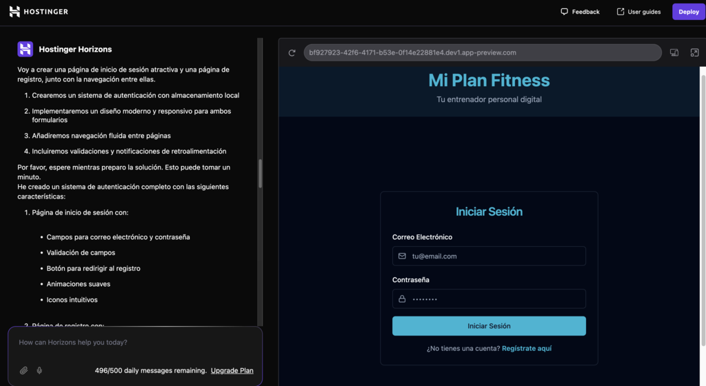 Ejemplo de Inicio de sesión de la aplicación web en Hostinger Horizons