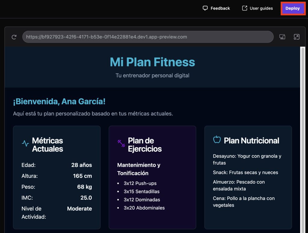 Ejemplo de interfaz de app web creada usando Hostinger Horizons