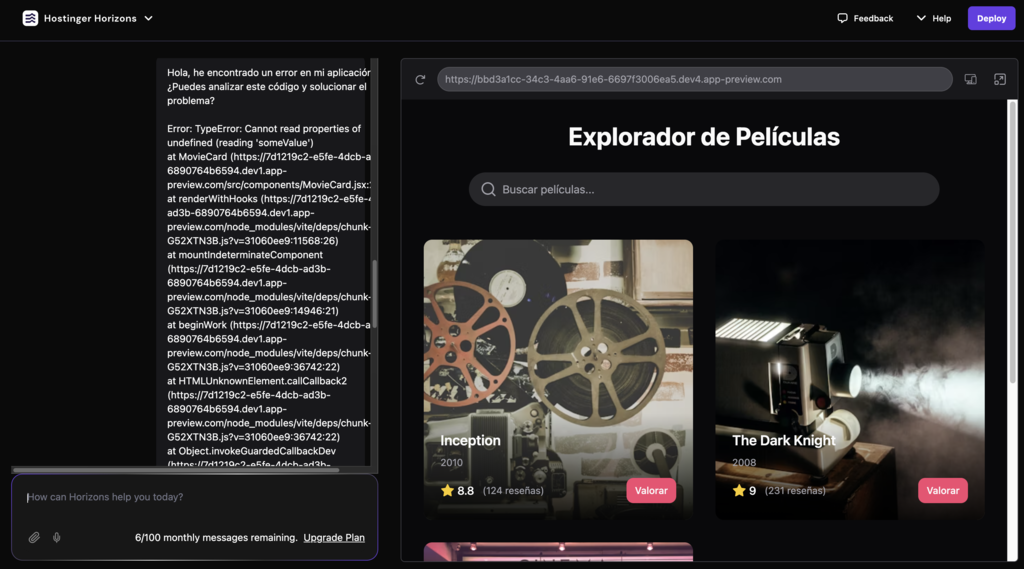 Ejemplo de Explorador de películas en Hostinger Horizons