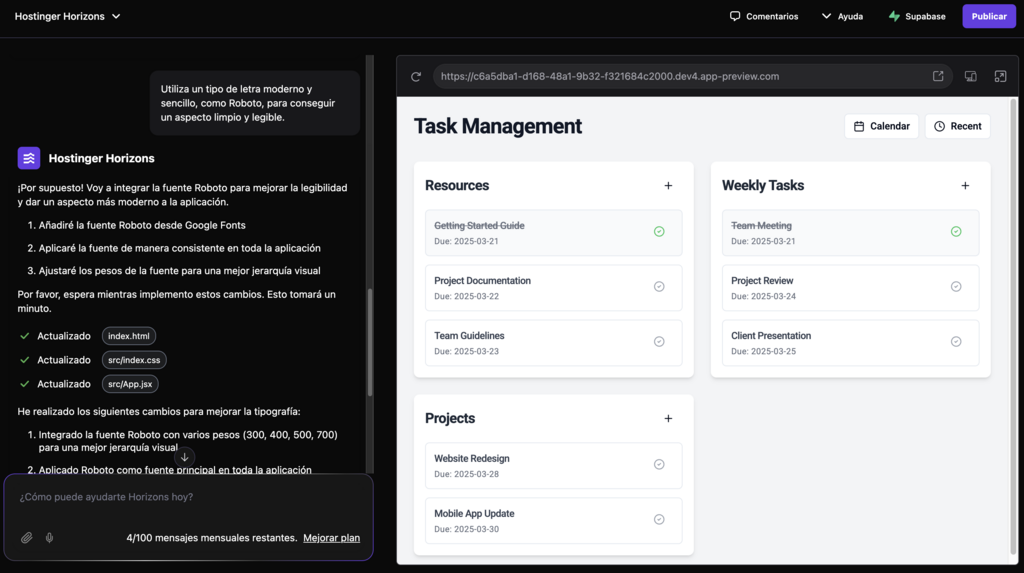 Ejemplo de uso de Hostinger Horizons