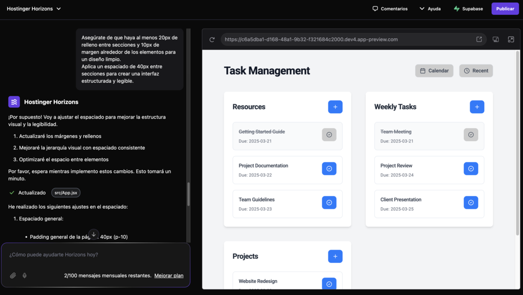 Ejemplo de uso de Hostinger Horizons