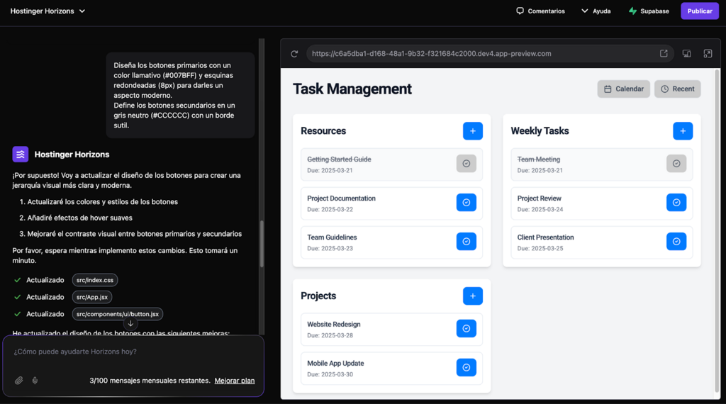 Ejemplo de uso de Hostinger Horizons