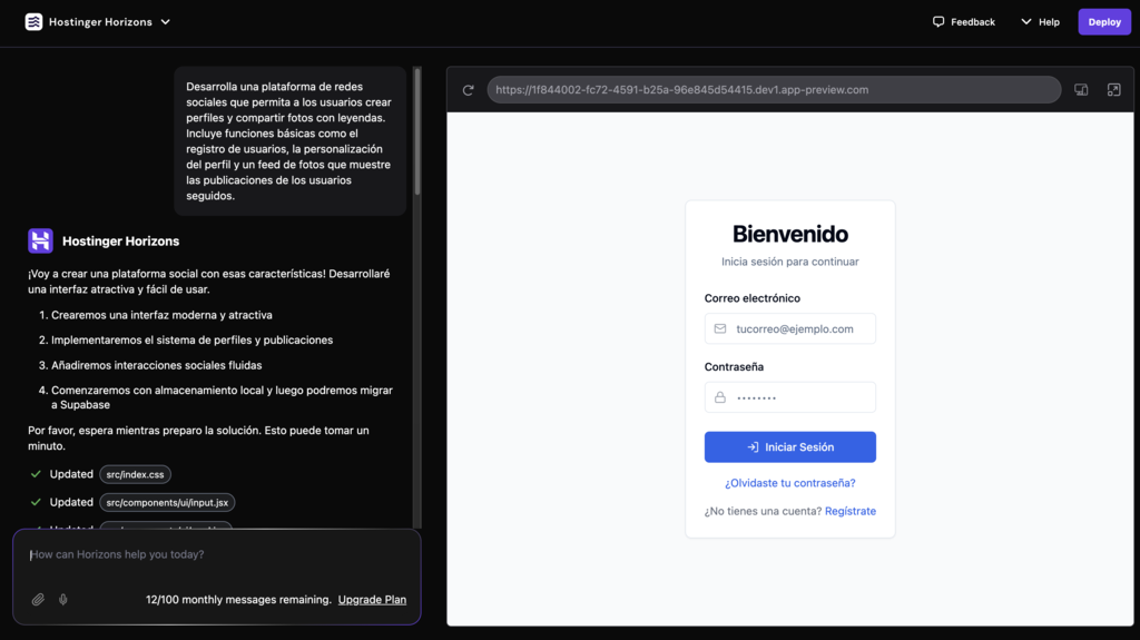 Ejemplo de app con login en Hostinger Horizons