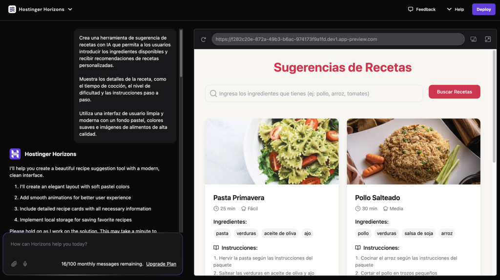 Ejemplo de sugerencias de recetas en Hostinger Horizons