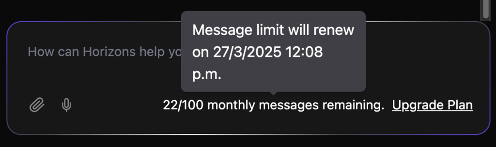 Aviso de mensajes restantes en Hostinger Horizons
