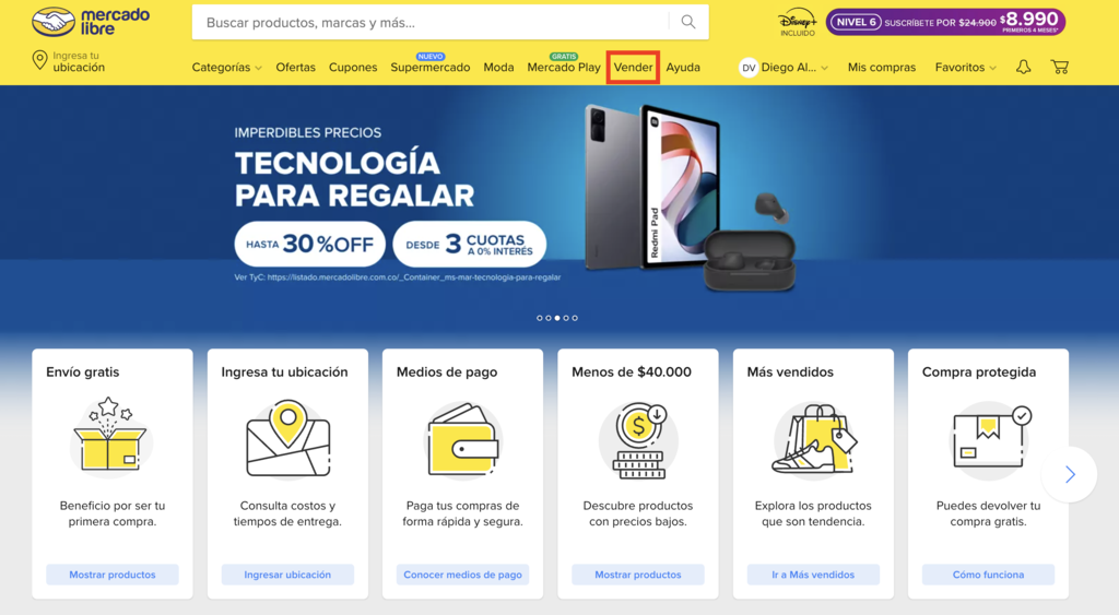 Opción de vender en Mercado Libre