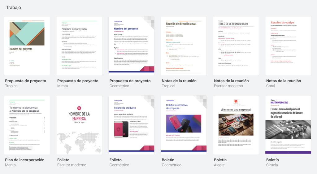 Plantillas de trabajo de Gdocs