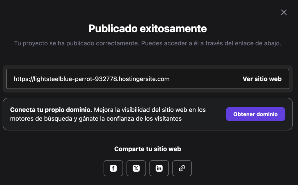 Aviso de lanzamiento de app web exitoso en Hostinger Horizons