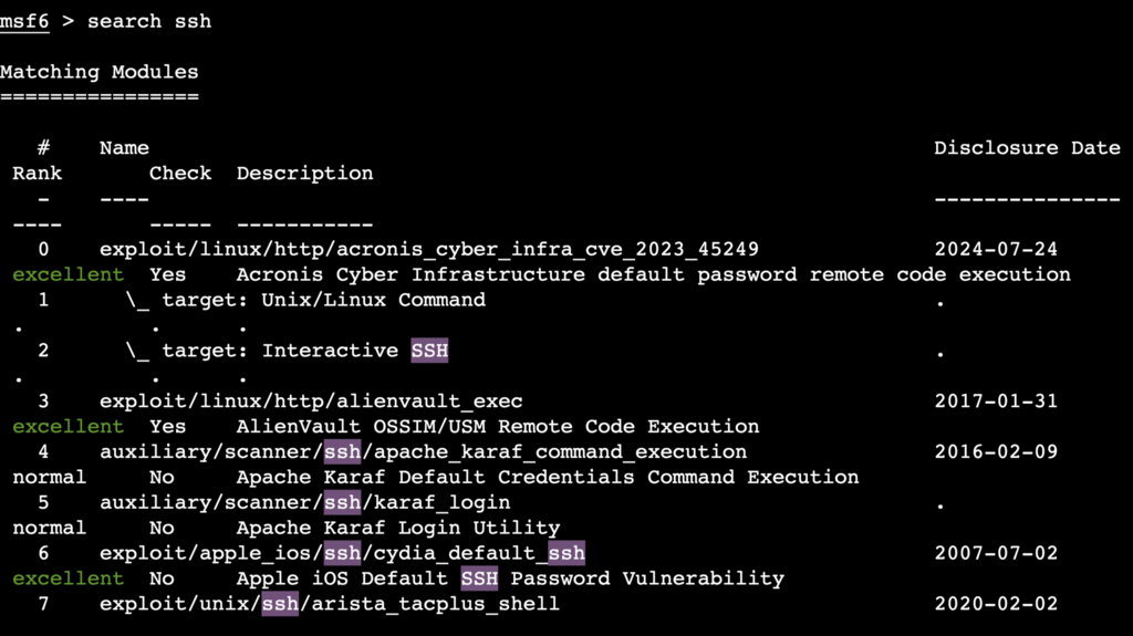 Uso de search ssh en el terminal metasploit