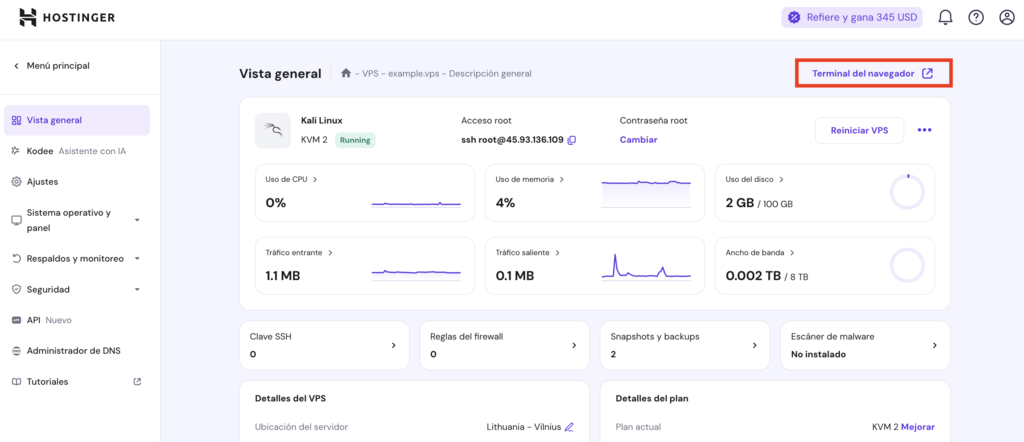 Visión general del VPS de Hostinger
