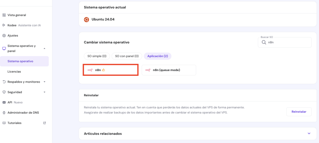 Cambiar sistema operativo en hPanel