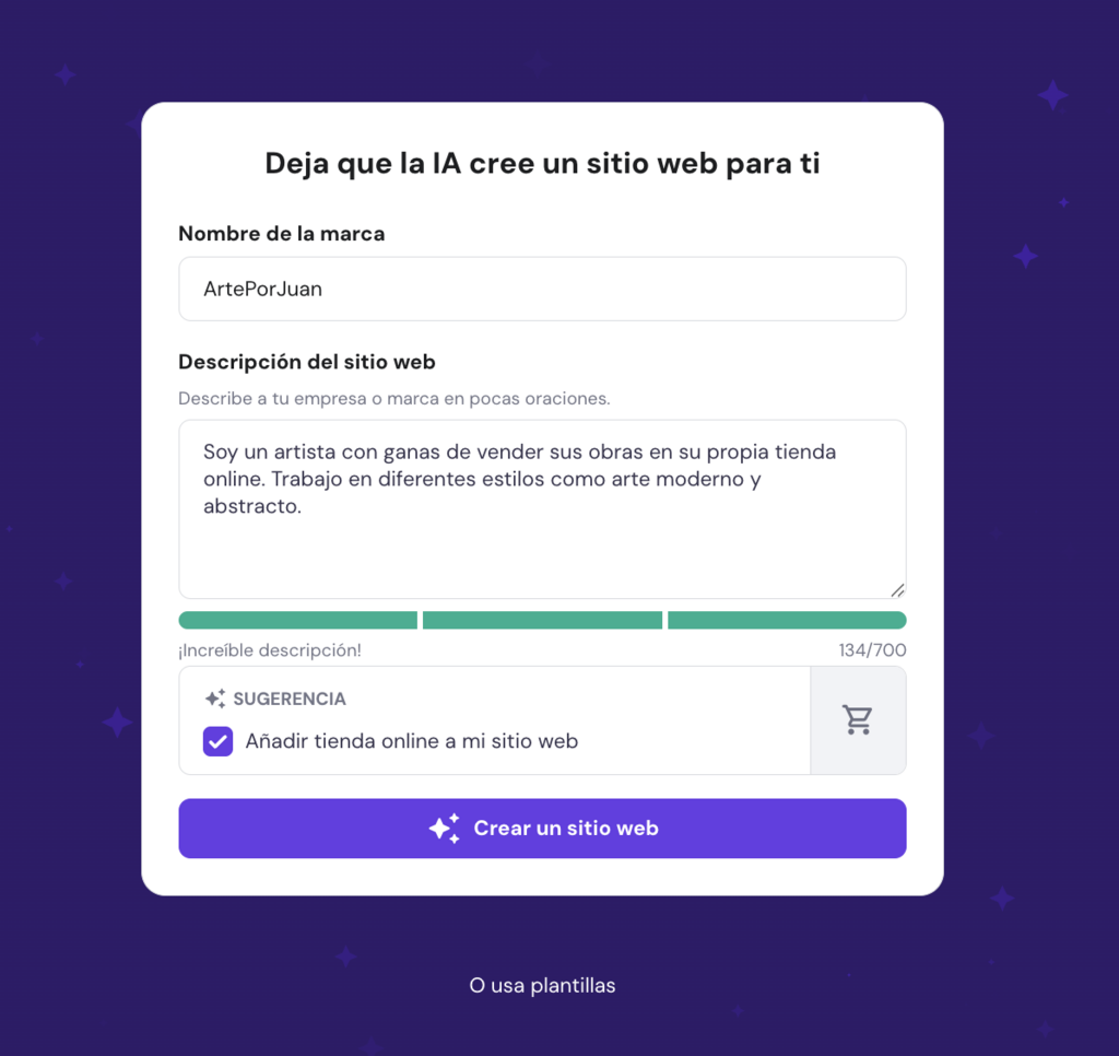 Asistente de creación web de Hostinger