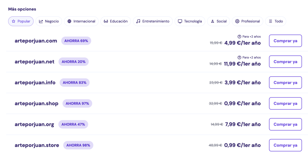 Ejemplos de dominios web en el Verificador de dominios de Hostinger