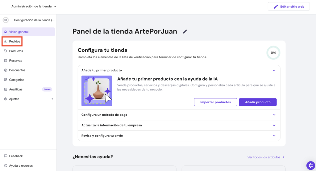 Sección de pedidos de HWB