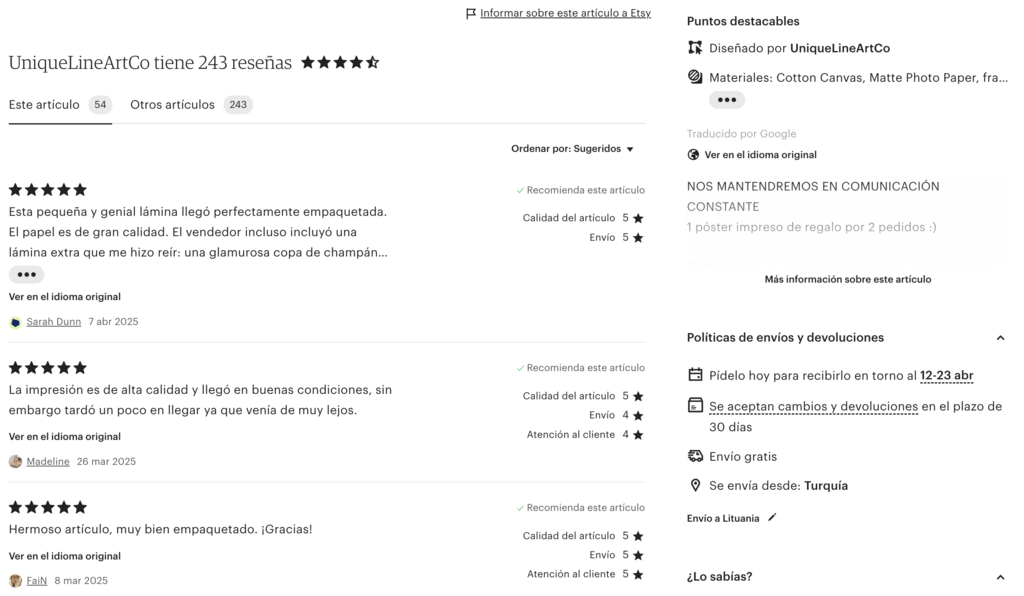 Reseñas de una pintura en Etsy