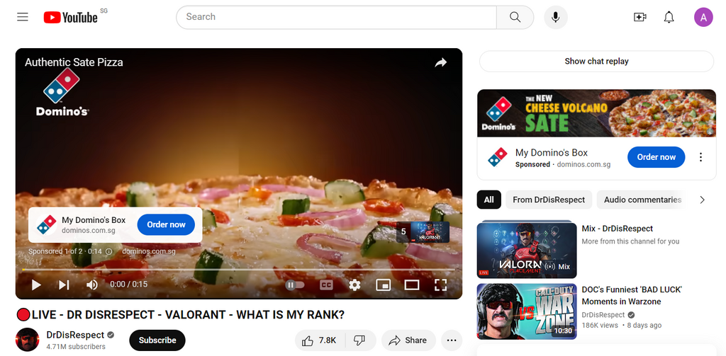 Anuncios en la transmisión de YouTube de DrDisrespect