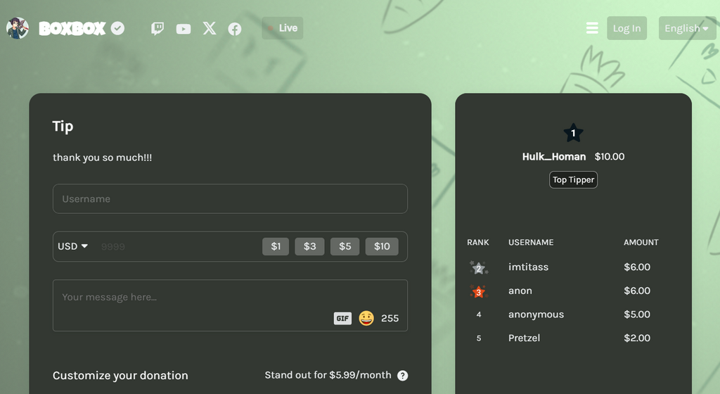Página de donaciones de Streamlabs de BoxBox