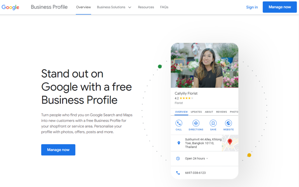 Página principal del perfil de empresa de Google