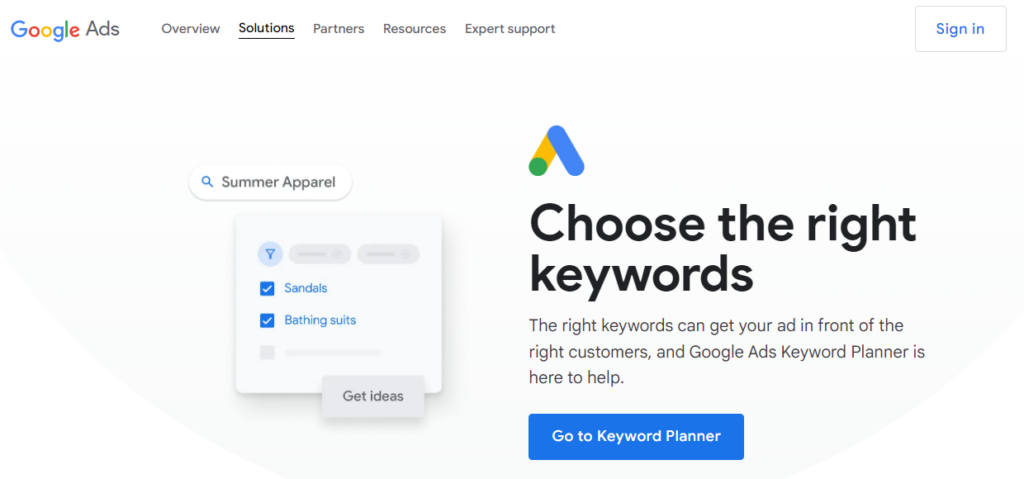 Página principal de Google Keyword Planner