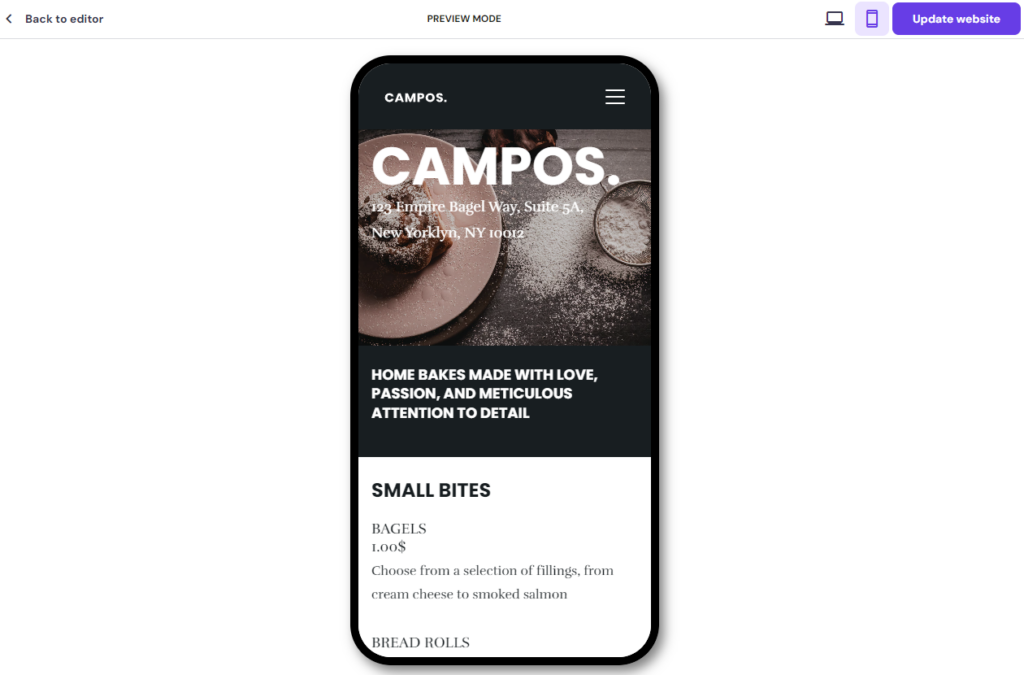 Vista previa móvil en el constructor de sitios Hostinger