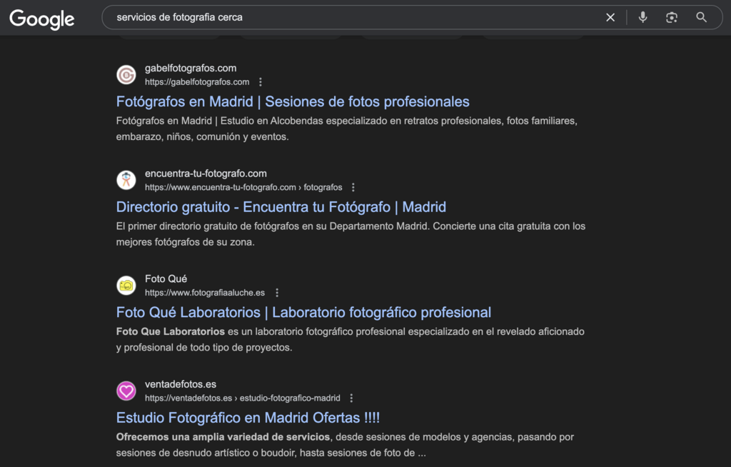 Resultados de búsqueda de Google para servicios de fotografía cerca de mí