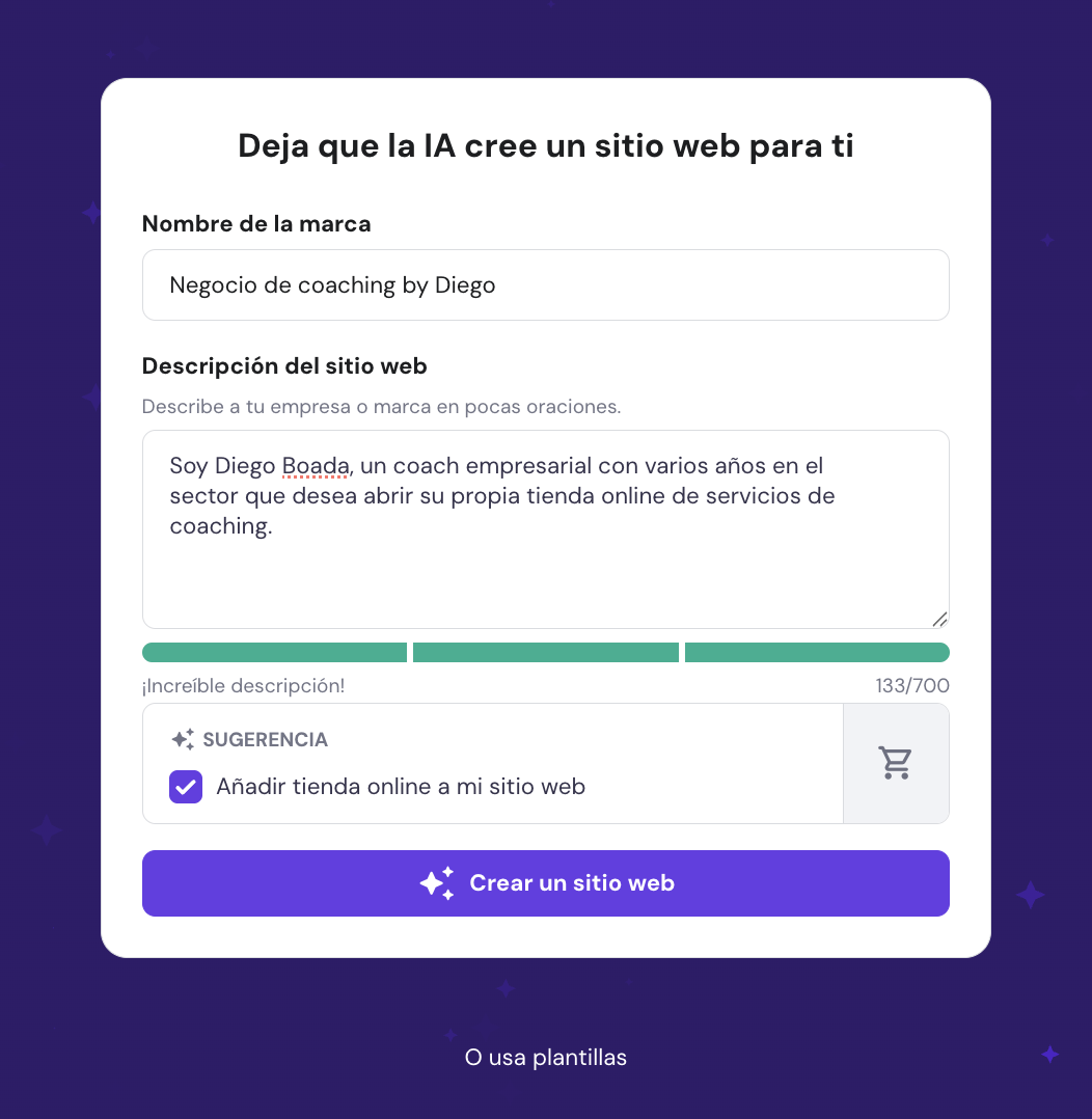 Asistente de creación web de Hostinger
