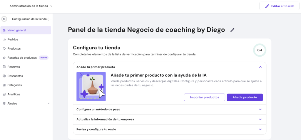 Panel de tienda de Hostinger