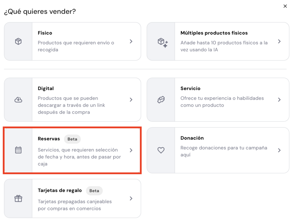 Elección de servicios/productos a vender en la tienda de HWB