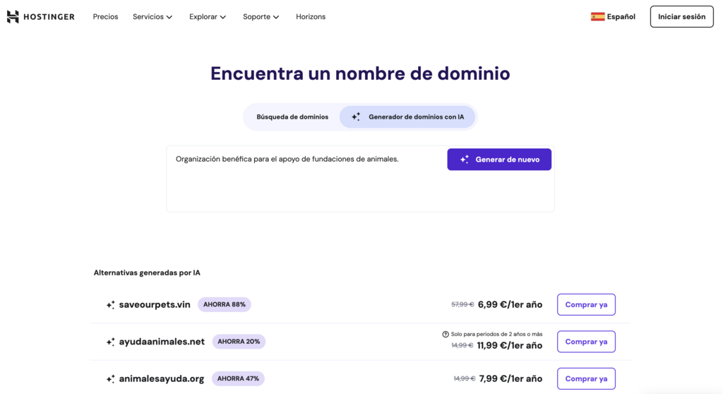 Buscador de dominios web de Hostinger