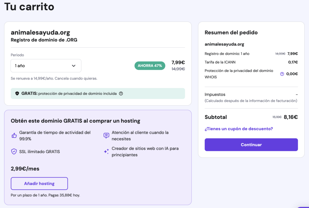 Carrito de compra de Hostinger