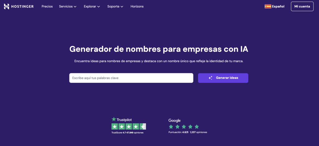 Sitio del Generador de nombres empresariales de Hostinger
