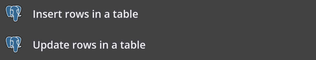 Acciones de la aplicación n8n Postgre que muestran las acciones «Insertar filas en una tabla» y «Actualizar filas en una tabla».